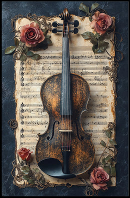 Melodic Nostalgia: Vintage Violin and Roses Artistic Poster