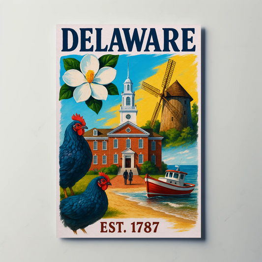 Delaware 1787 Poster With Windmill And Chickens Vintage Travel Poster