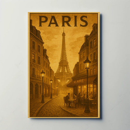 Paris Café Eiffel Sepia Travel Poster
