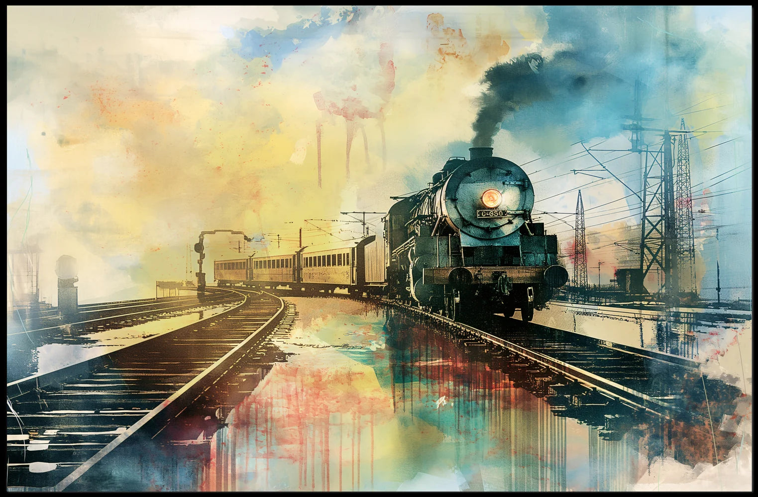 Vintage Steam Train Poster: Nostalgic Watercolor Adventure