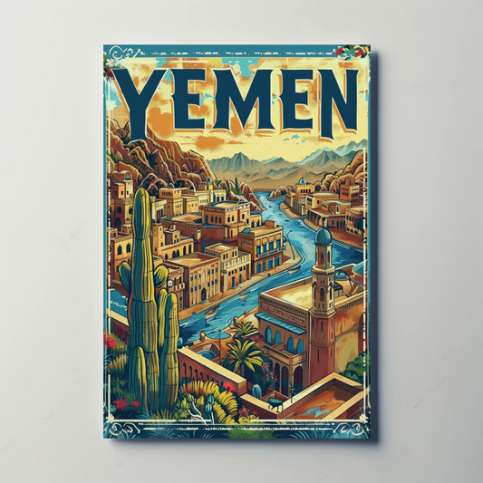 Yemen Traditional Architecture River Valley Travel Poster