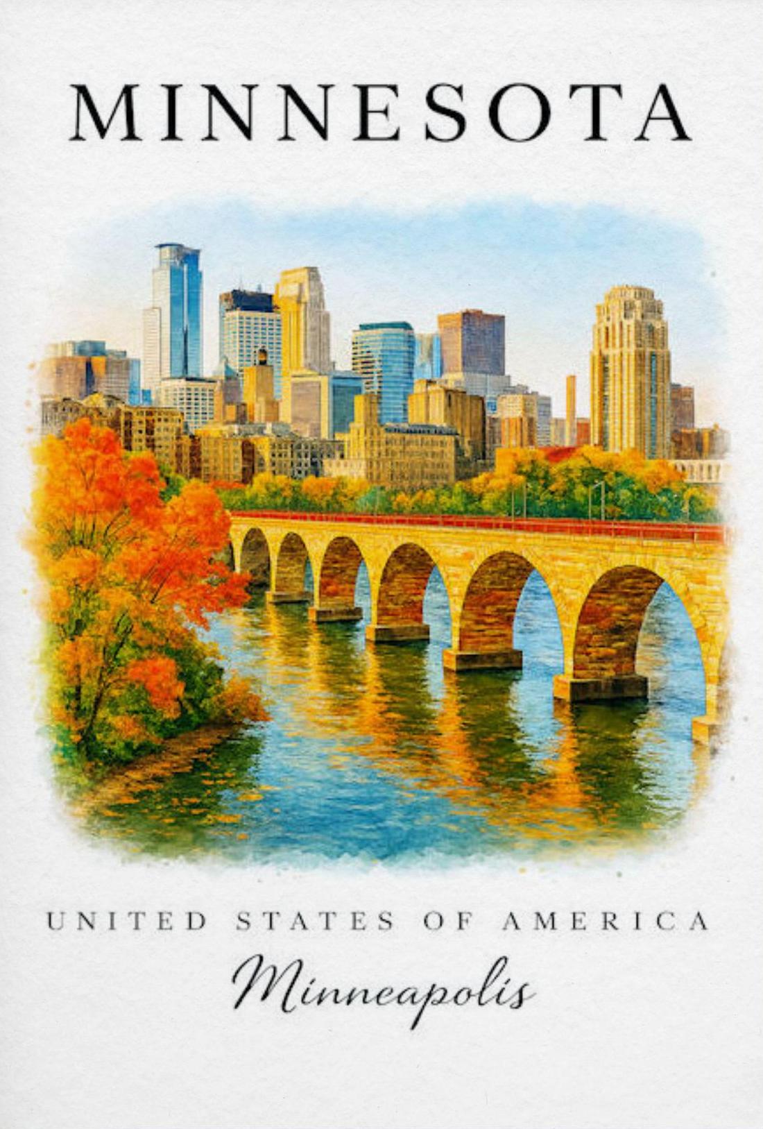 Minnesota Minneapolis Fall Skyline Watercolor Vintage Travel Poster