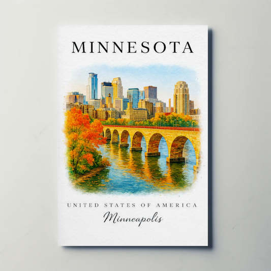 Minnesota Minneapolis Fall Skyline Watercolor Vintage Travel Poster