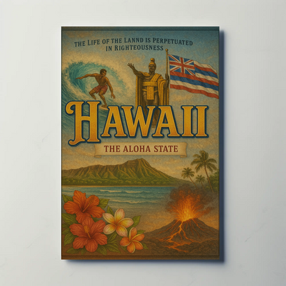 Hawaii Surf Volcano King Flag Flowers Travel Poster