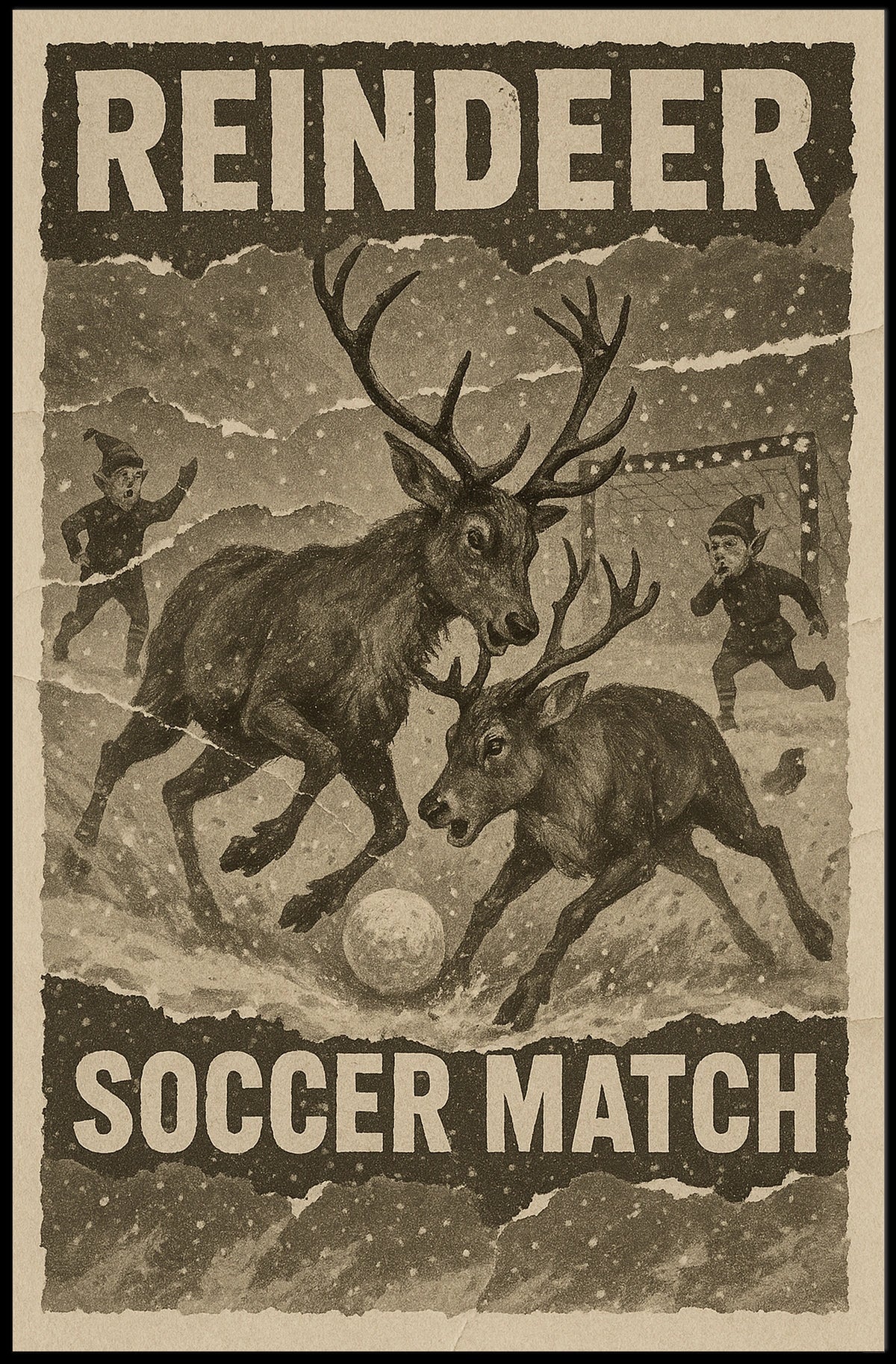 Reindeer Soccer Match Vintage Holiday Poster Print