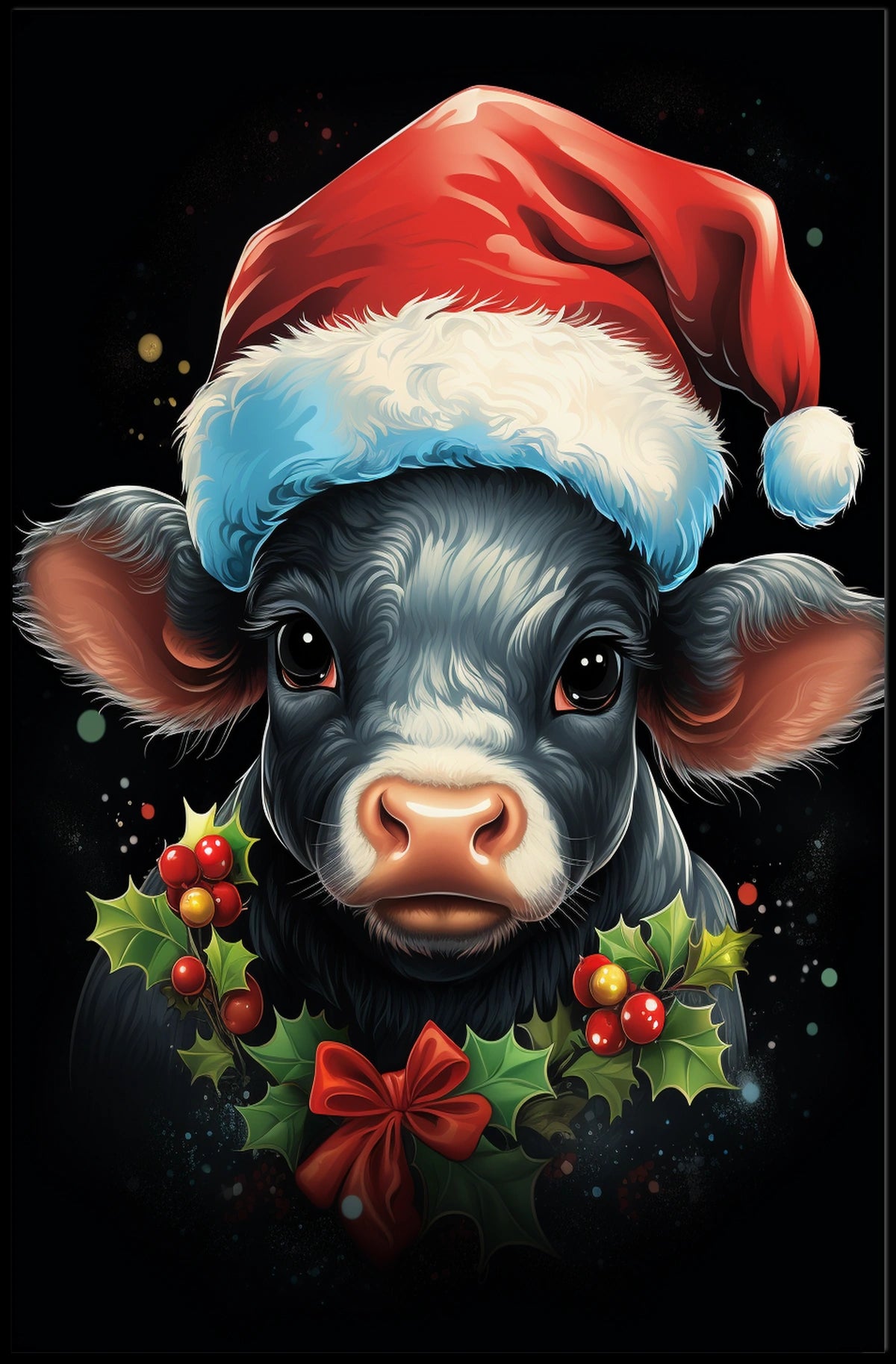 Festive Calf Christmas Poster with Santa Hat