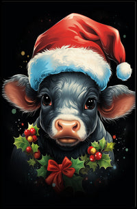 Festive Calf Christmas Poster with Santa Hat