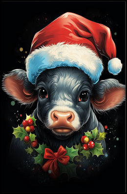 Festive Calf Christmas Poster with Santa Hat