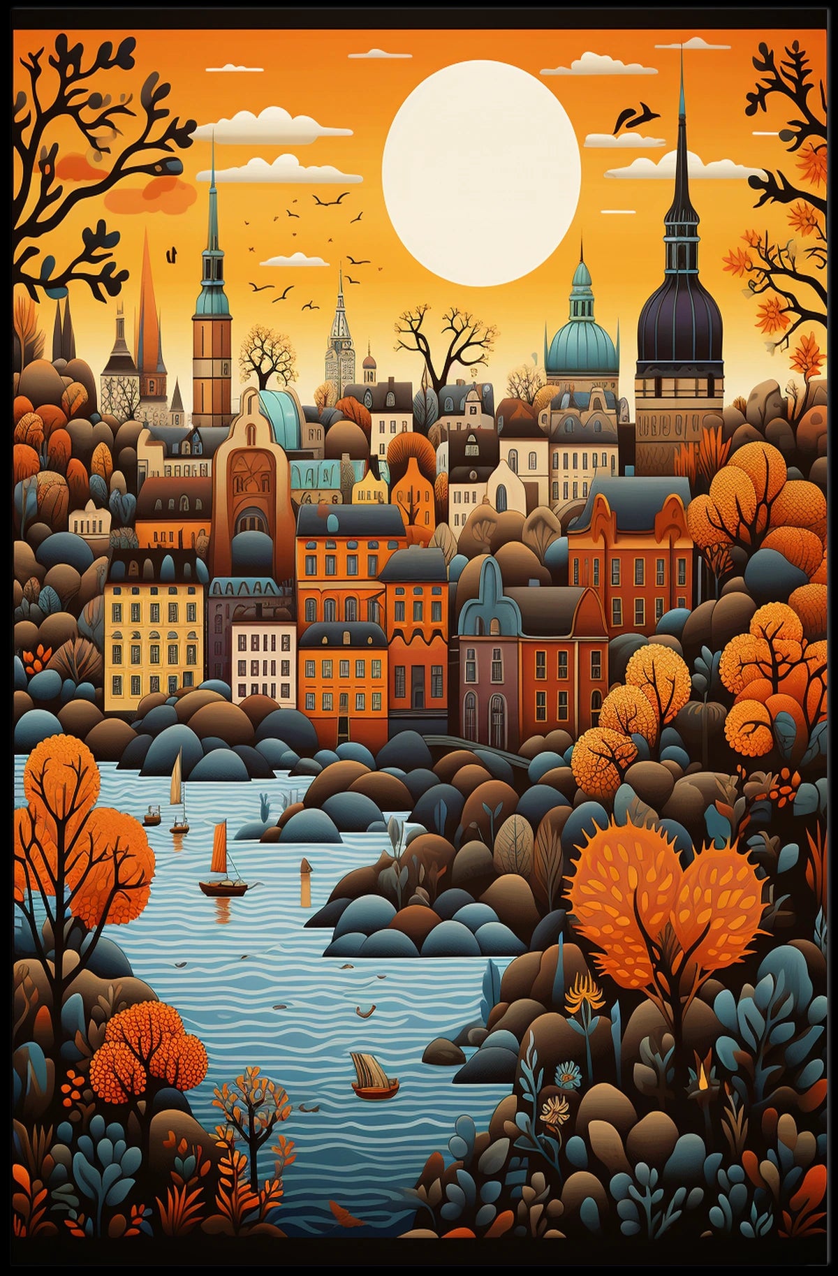 Stylized European Cityscape Art Print Cultural or Heritage Poster