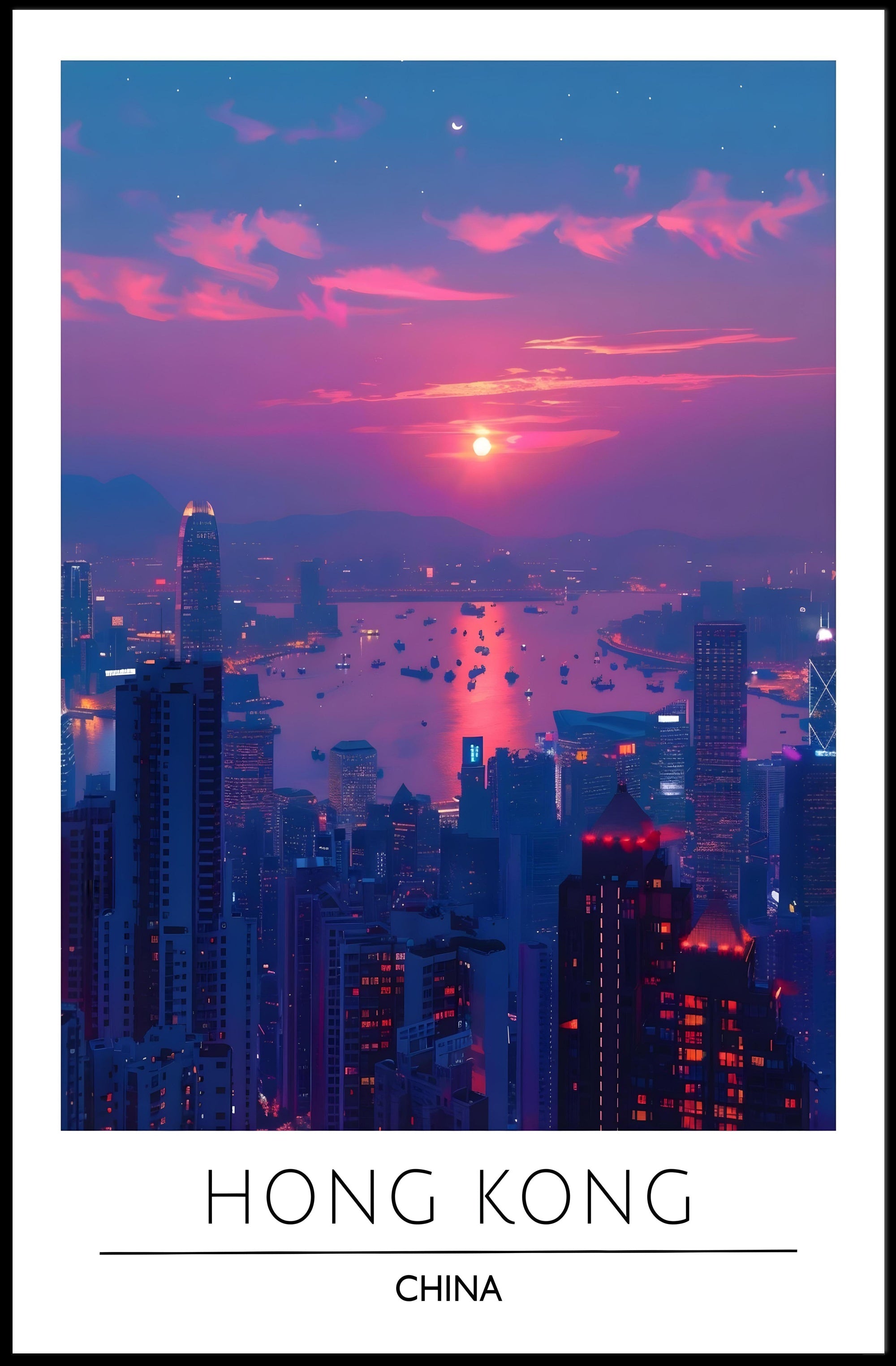 Vibrant Hong Kong Sunset Cityscape Urban Poster