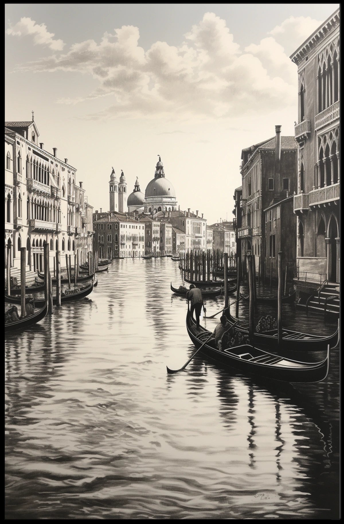 Venice's Grand Canal: Serene Black-and-White Travel Poster