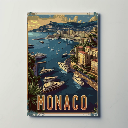 Monaco Harbor Luxury Yachts Coastline View Travel Poster