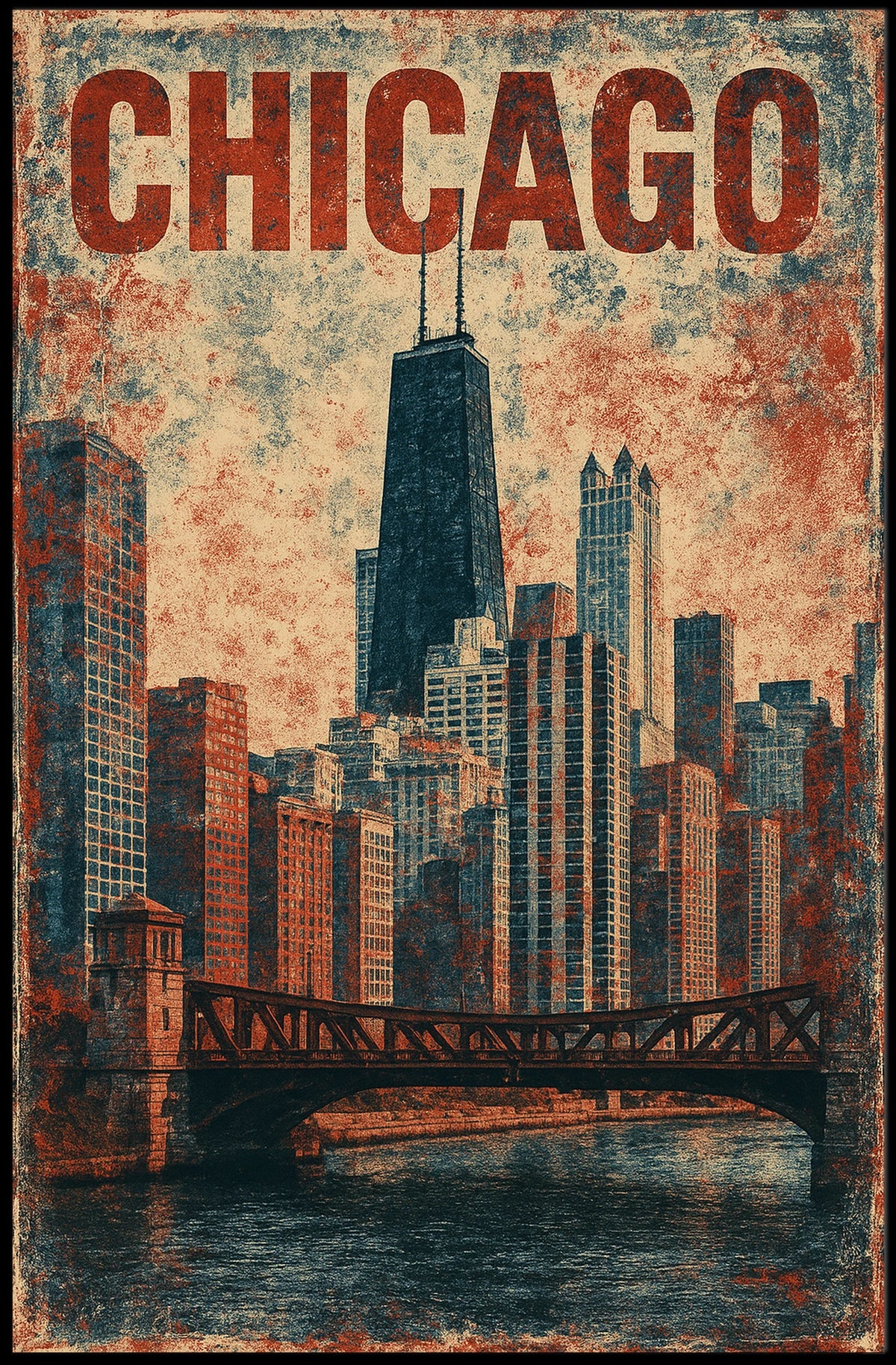 Chicago Skyline Vintage Distressed Urban Cityscape Nostalgic Decor Timeless Heritage Poster