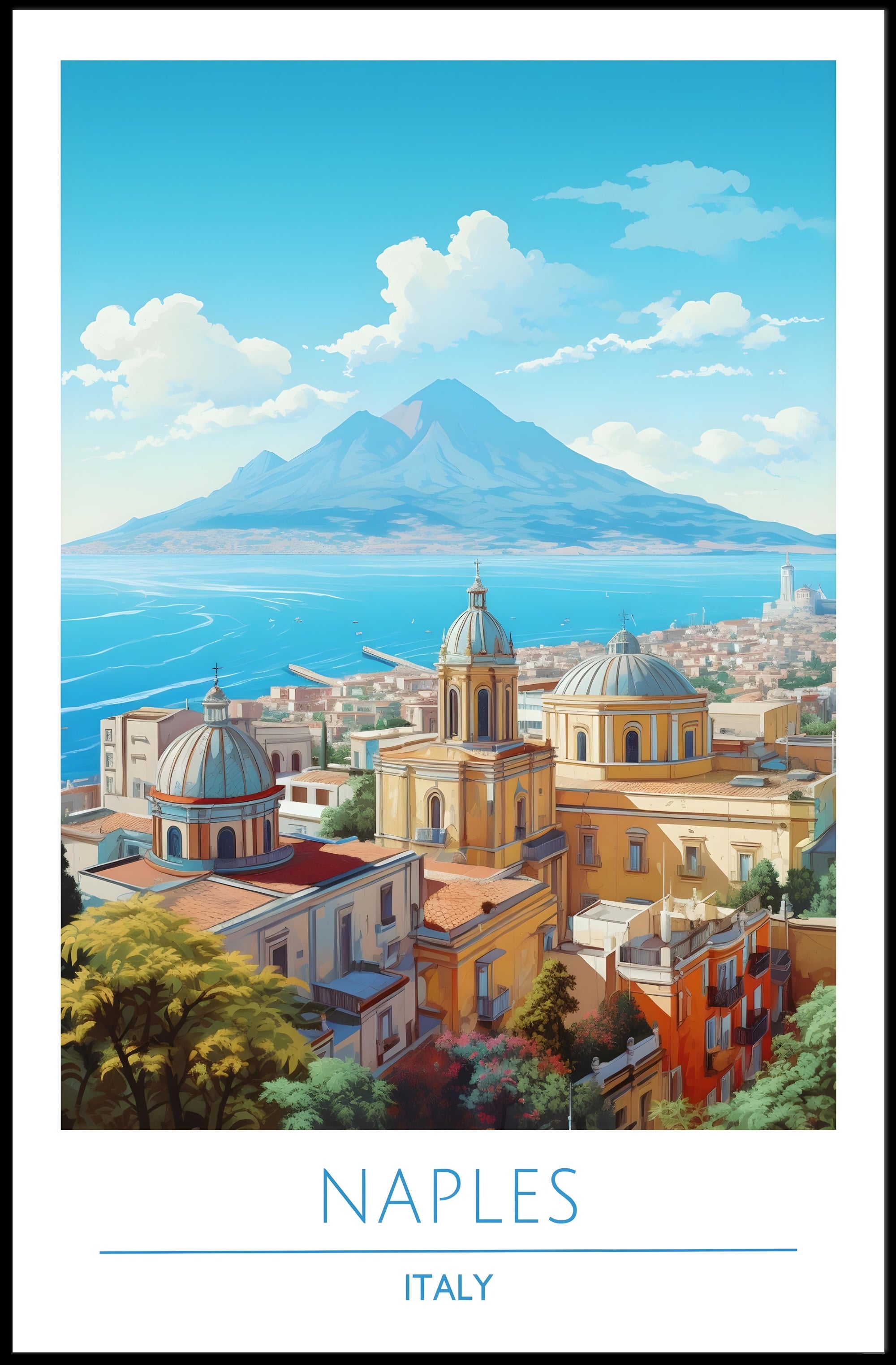 Naples Architecture with Mount Vesuvius Travel Poster