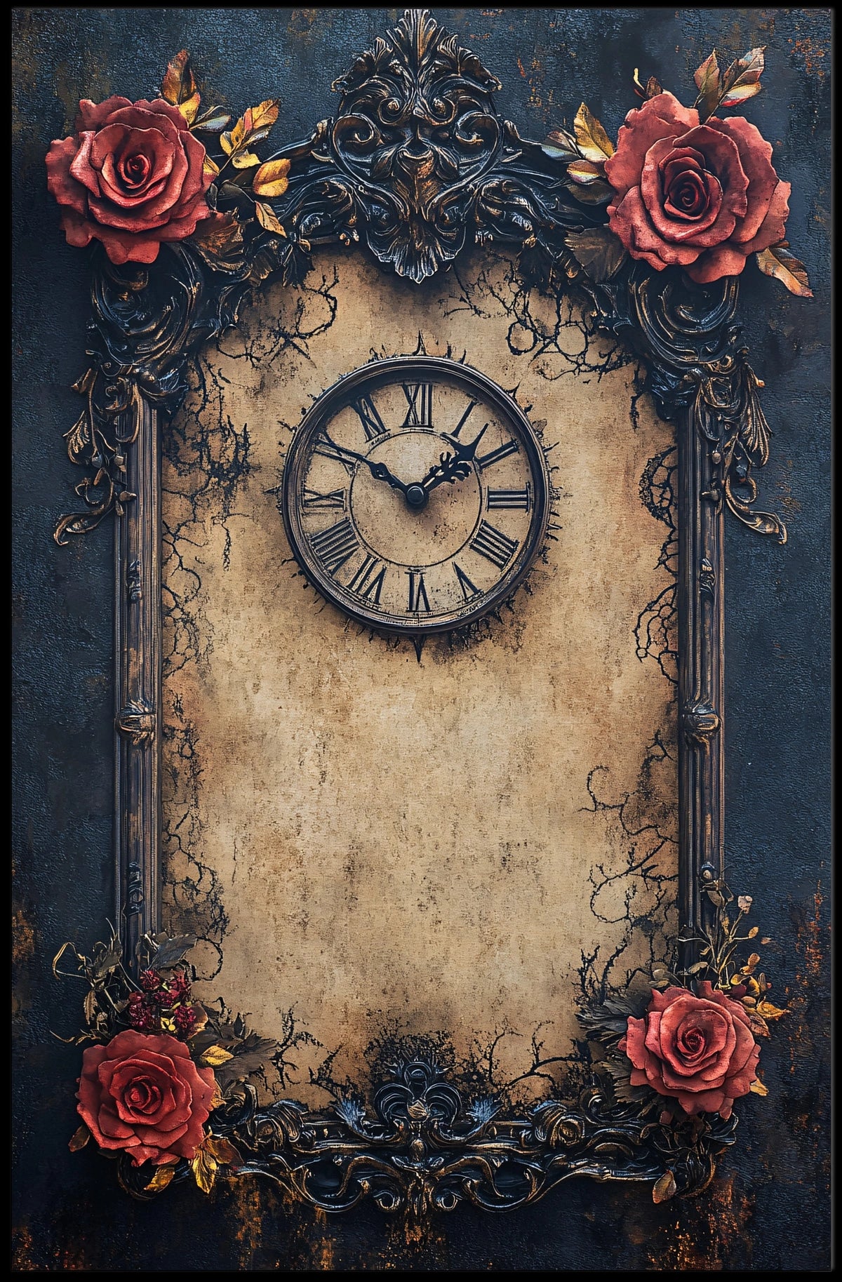 Vintage Clock and Roses: Baroque Victorian Heritage Poster