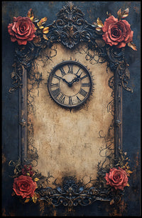 Vintage Clock and Roses: Baroque Victorian Heritage Poster