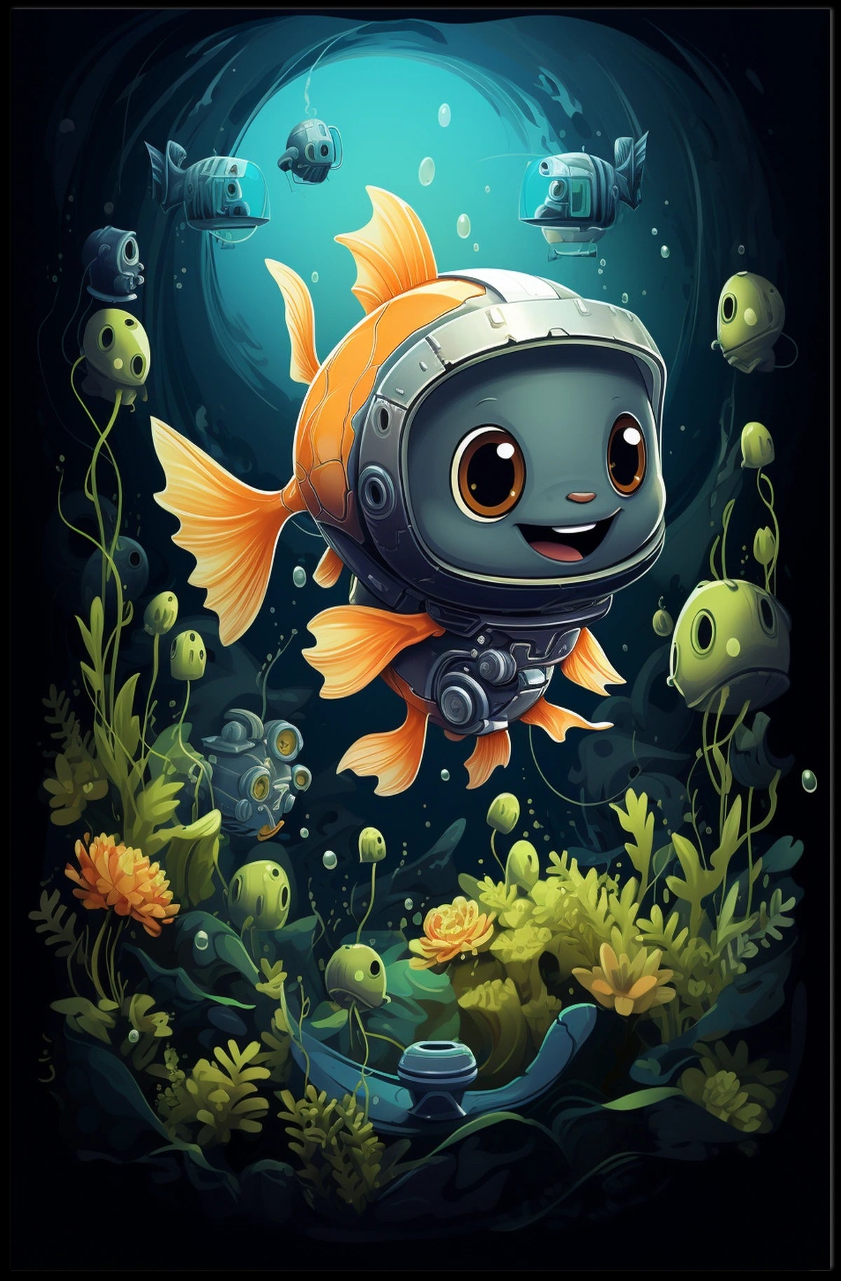 Goldfish in Futuristic Robotic Helmet Poster