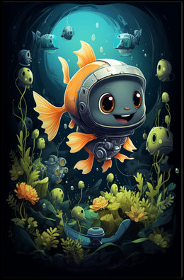 Goldfish in Futuristic Robotic Helmet Poster