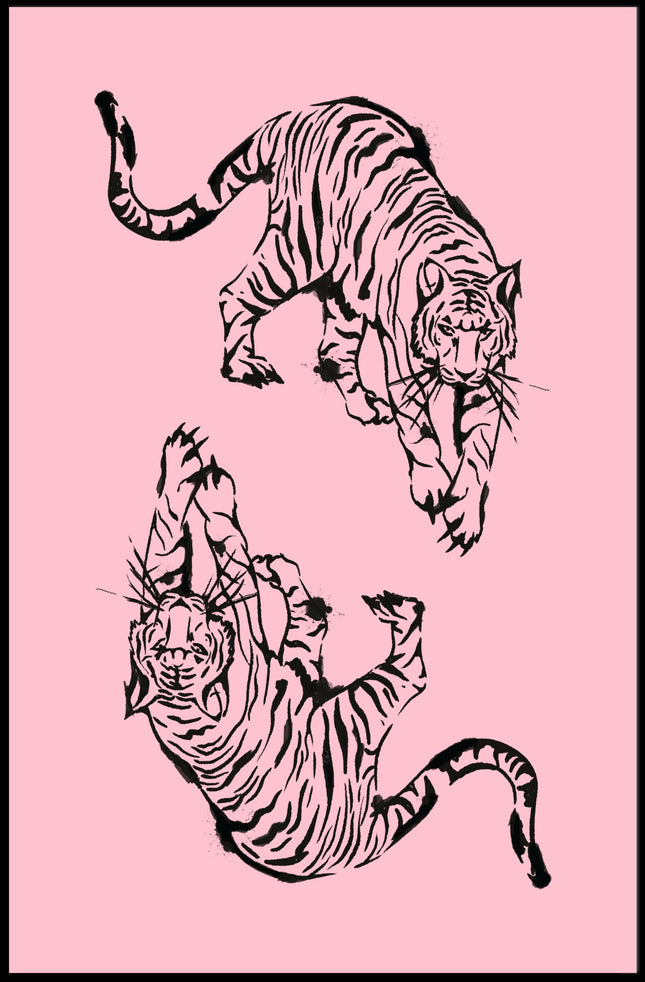 Stylized Black Ink Tigers on Pink Artistic Poster
