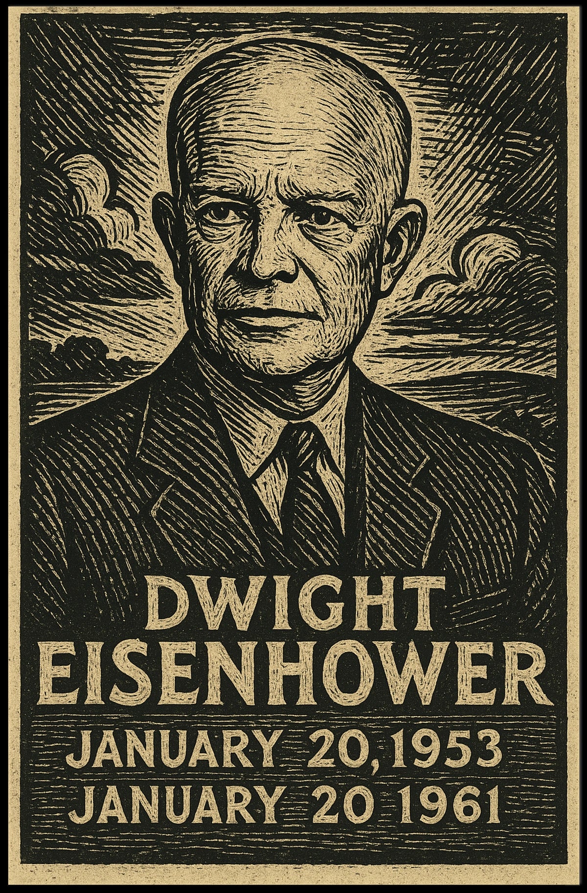 Dwight Eisenhower Vintage Linocut Portrait Poster