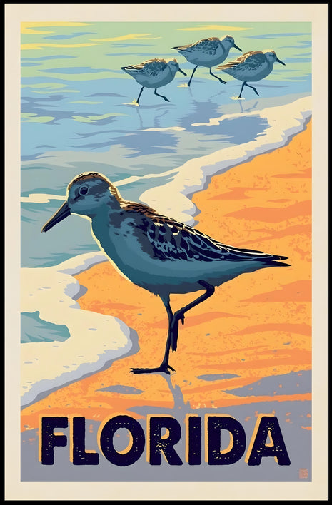 Florida Shorebirds Vintage Coastal Scene Travel Poster