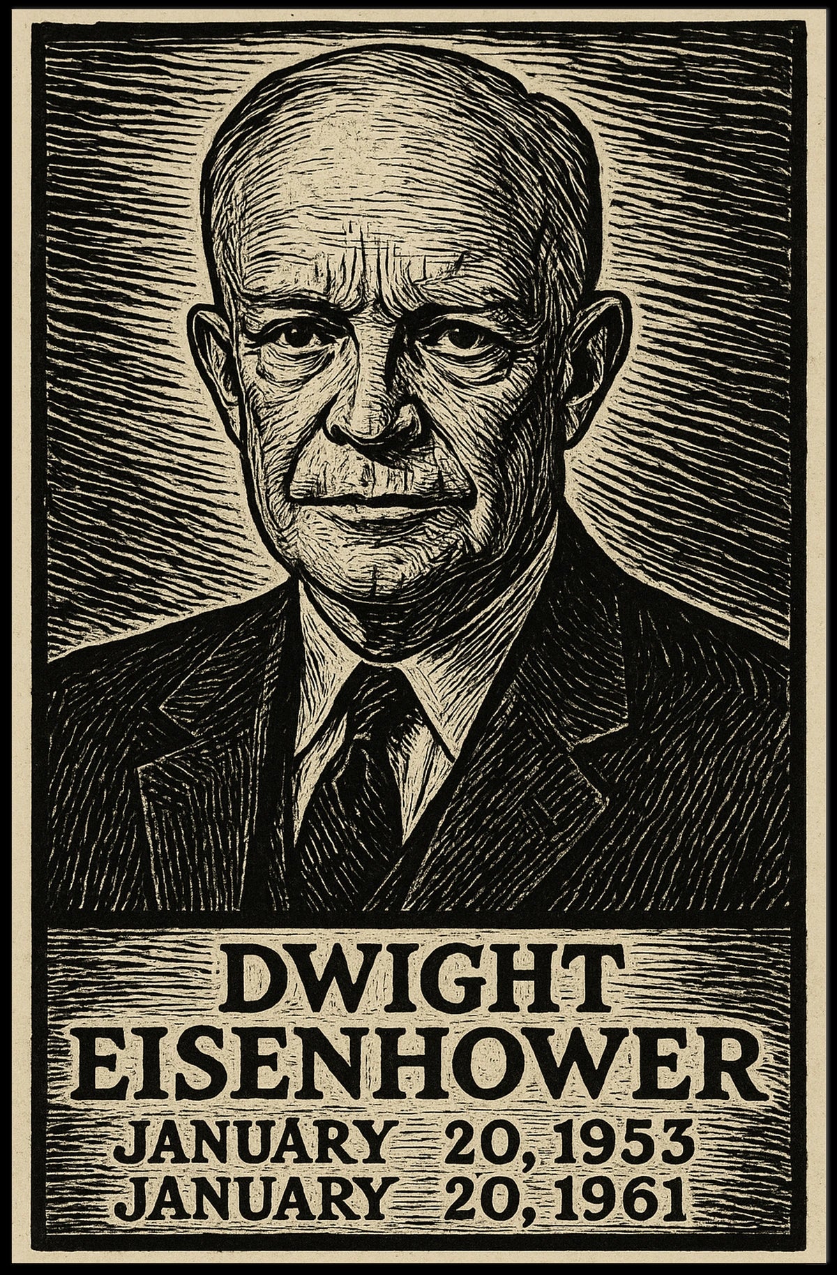 Dwight Eisenhower Vintage Etching Portrait Patriotism Leadership Legacy Heritage Home Decor Distinctive Poster