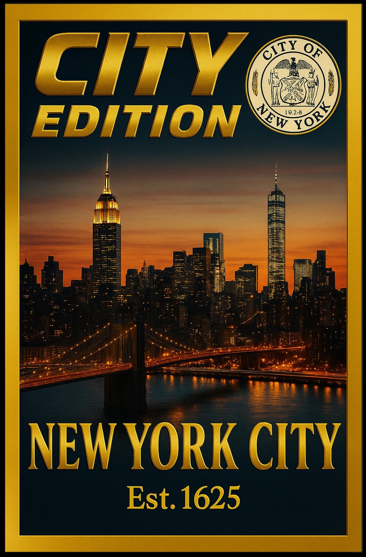 New York City Skyline Sunset Poster Vintage Wall Art