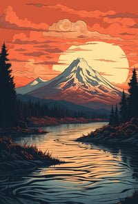 Mountains and River Scenic View Vintage Travel Poster