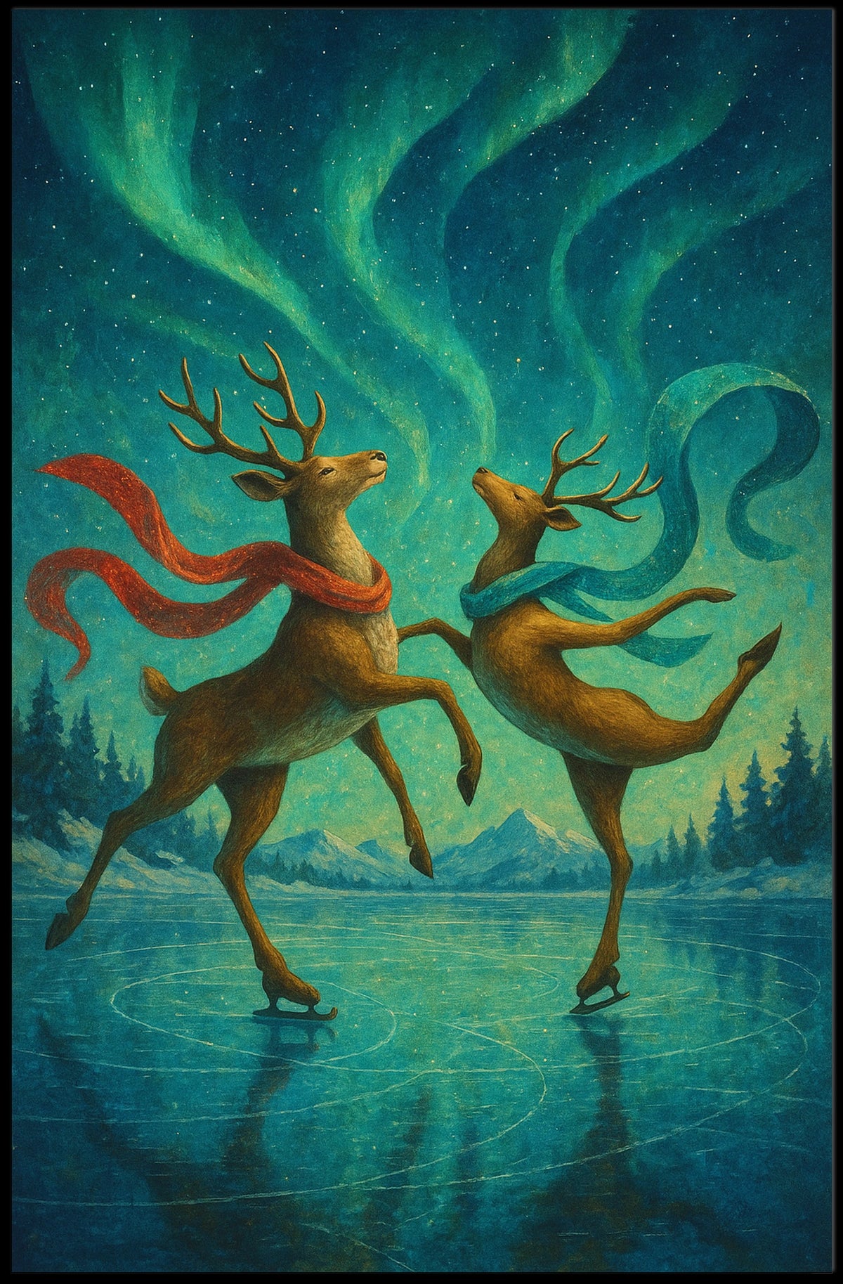Whimsical Ice Skating Reindeer Northern Lights Fantasy Poster