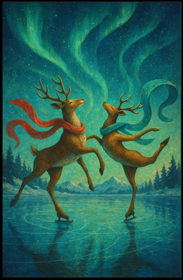 Whimsical Ice Skating Reindeer Northern Lights Fantasy Poster