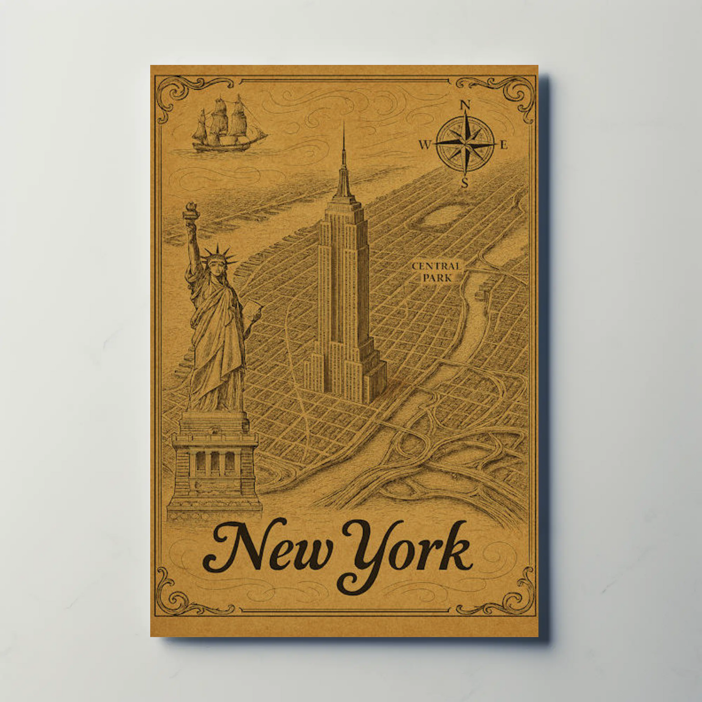 New York Old Map Empire State Statue Central Park Travel Poster
