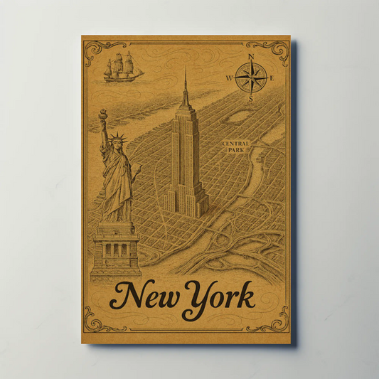 New York Old Map Empire State Statue Central Park Travel Poster