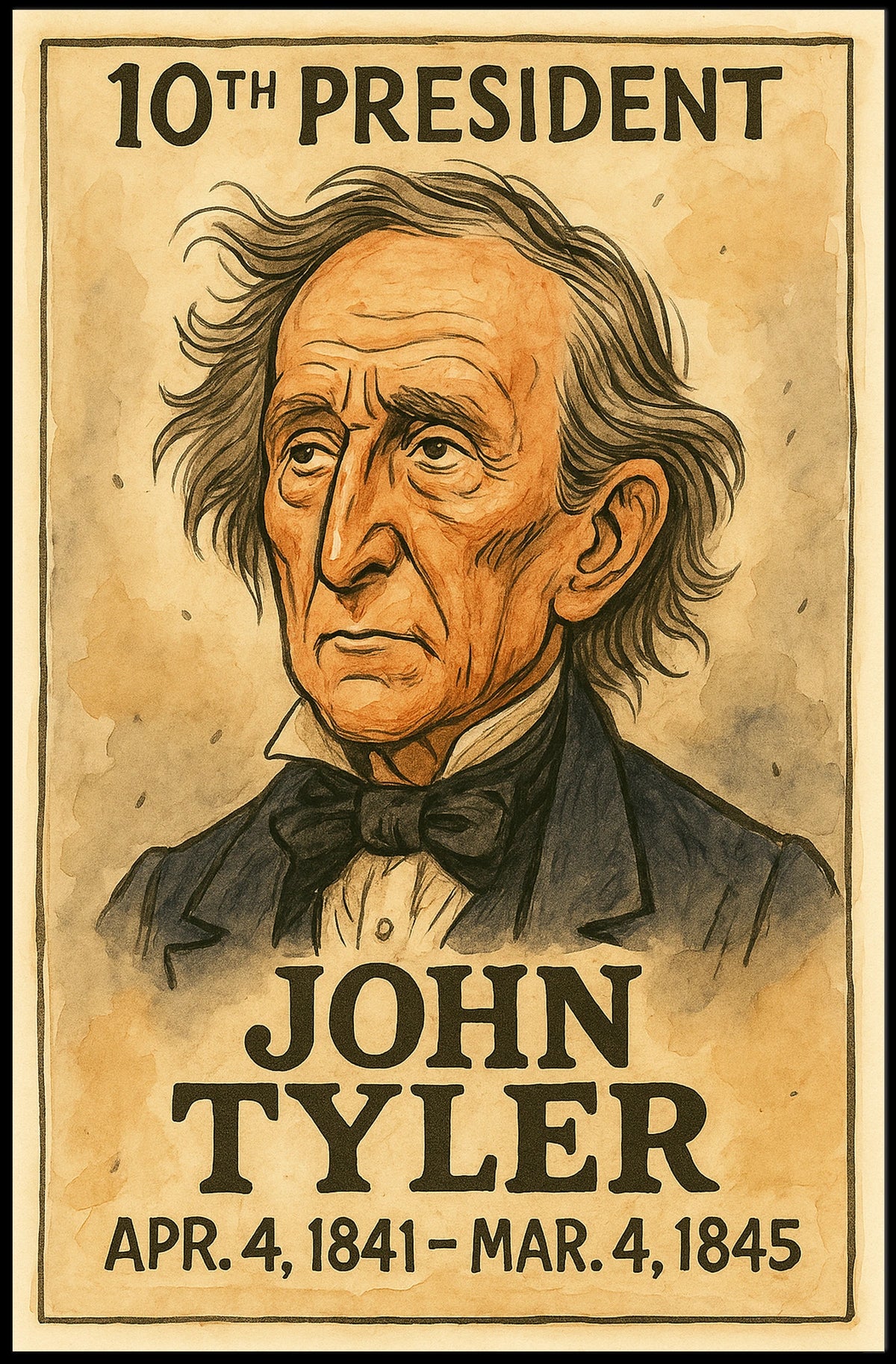 John Tyler 10th President of the United States Exaggerated Cartoon Sketch Poster