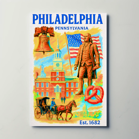 Philadelphia Poster Liberty Bell Founding Icons Vintage Travel Poster