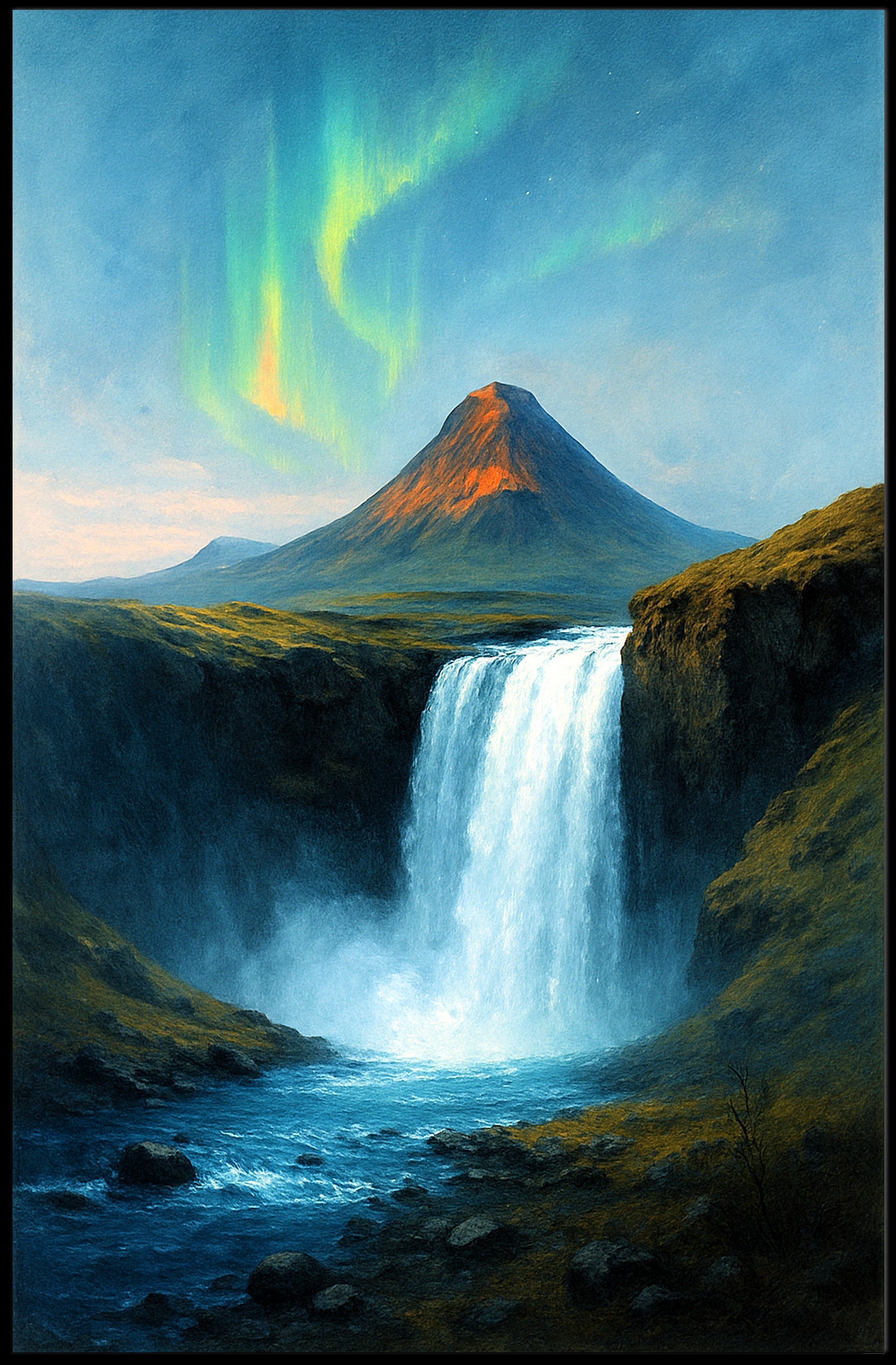 Majestic Northern Lights Over Waterfall Poster