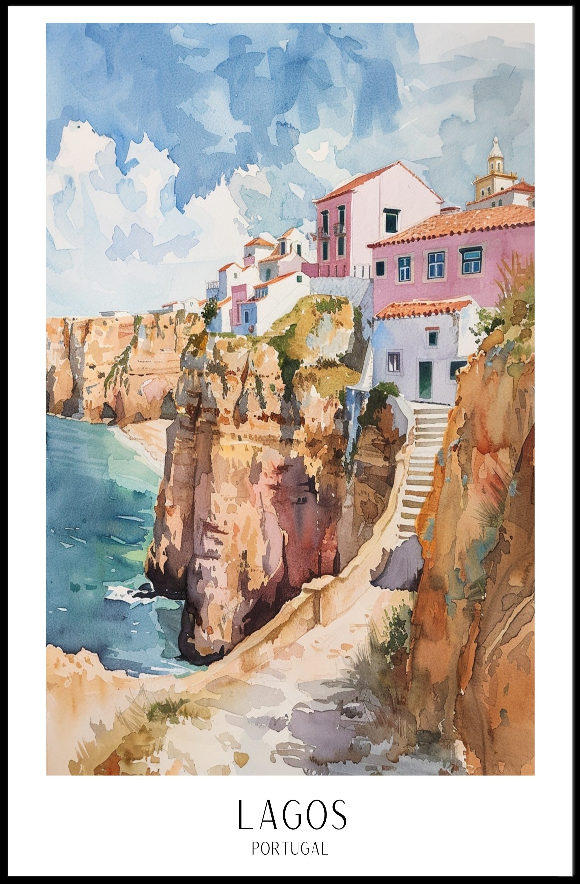 Vibrant Lagos Coastal Scene Watercolor Travel Poster PosterGoat