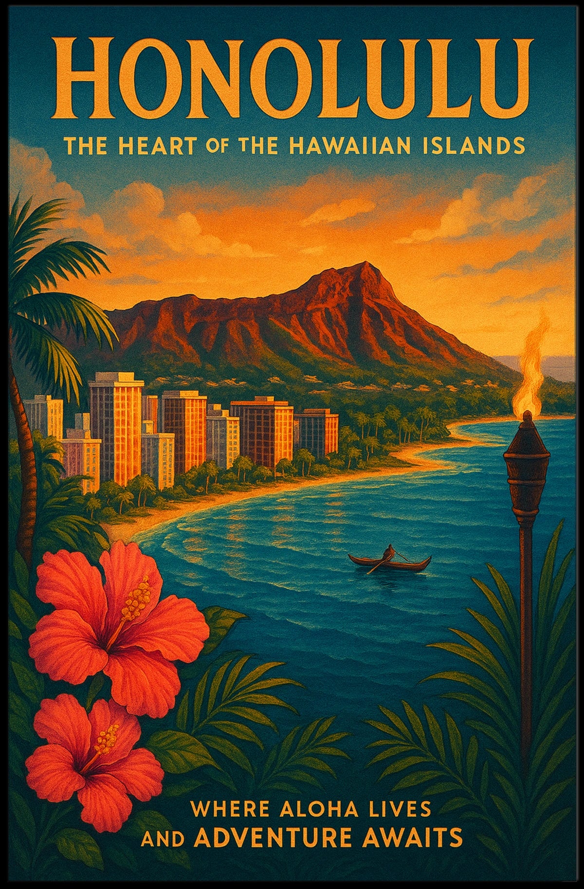 Honolulu Vintage Travel Poster Tropical Adventure Art Print