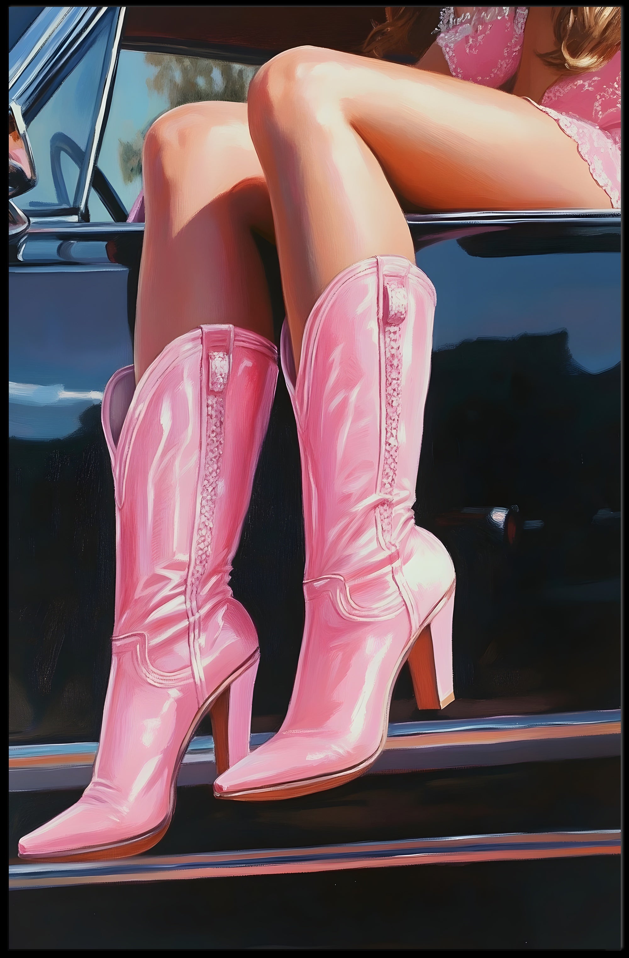 Pink Boots And Classic Car Poster Vintage Wall Art