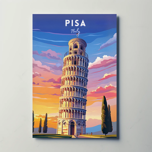 Pisa Italy Leaning Tower Sunset Horizon Travel Poster