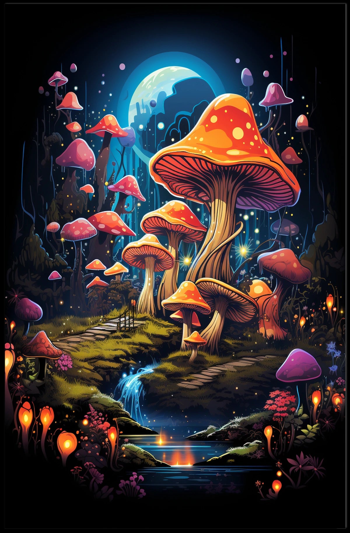 Enchanted Moonlit Mushroom Fantasy Art Poster