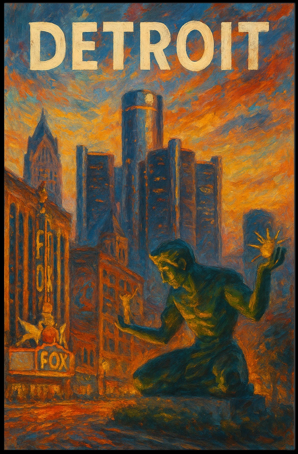 Spirit Of Detroit Poster Fiery Cityscape For Detroit Fans