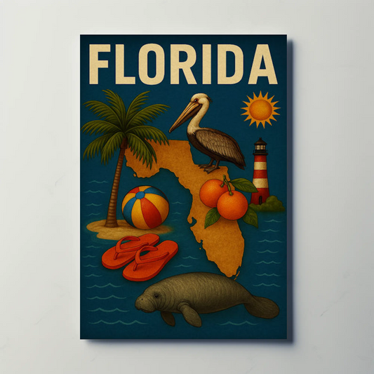 Florida State Symbols Pelican Map Lighthouse Travel Poster
