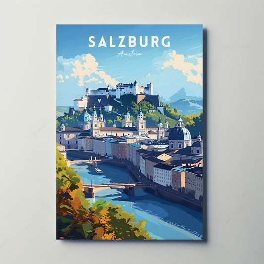 Salzburg Austria Fortress River Dome Skyline Travel Poster