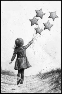 Child Releasing Star Balloons Black And White Sketch Poster