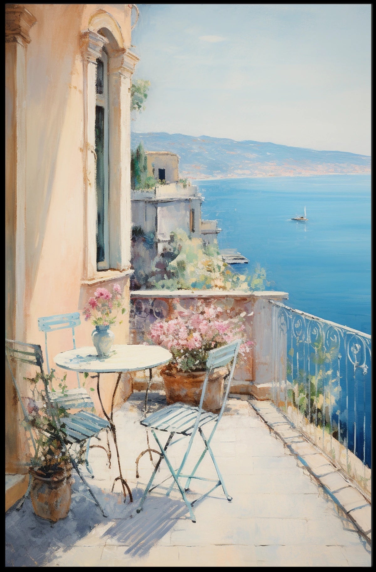 Mediterranean Balcony Scene: European Coastal Serenity Travel Poster