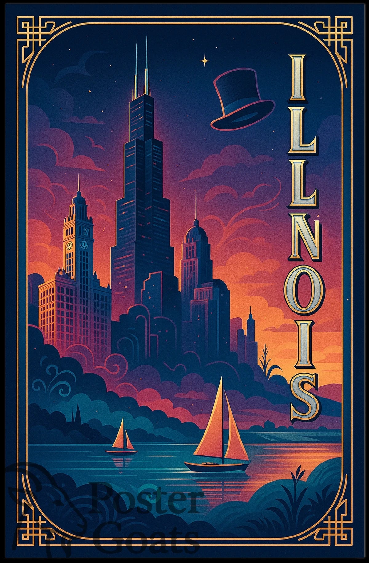 Illinois Skyline Vintage Design Urban or Cityscape Poster