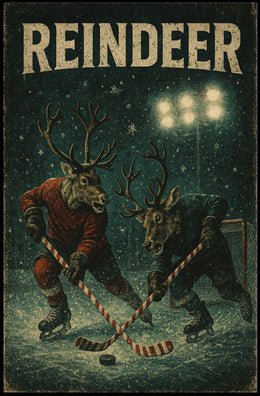 Festive Reindeer Ice Hockey Match - Fantasy or Mythology Poster
