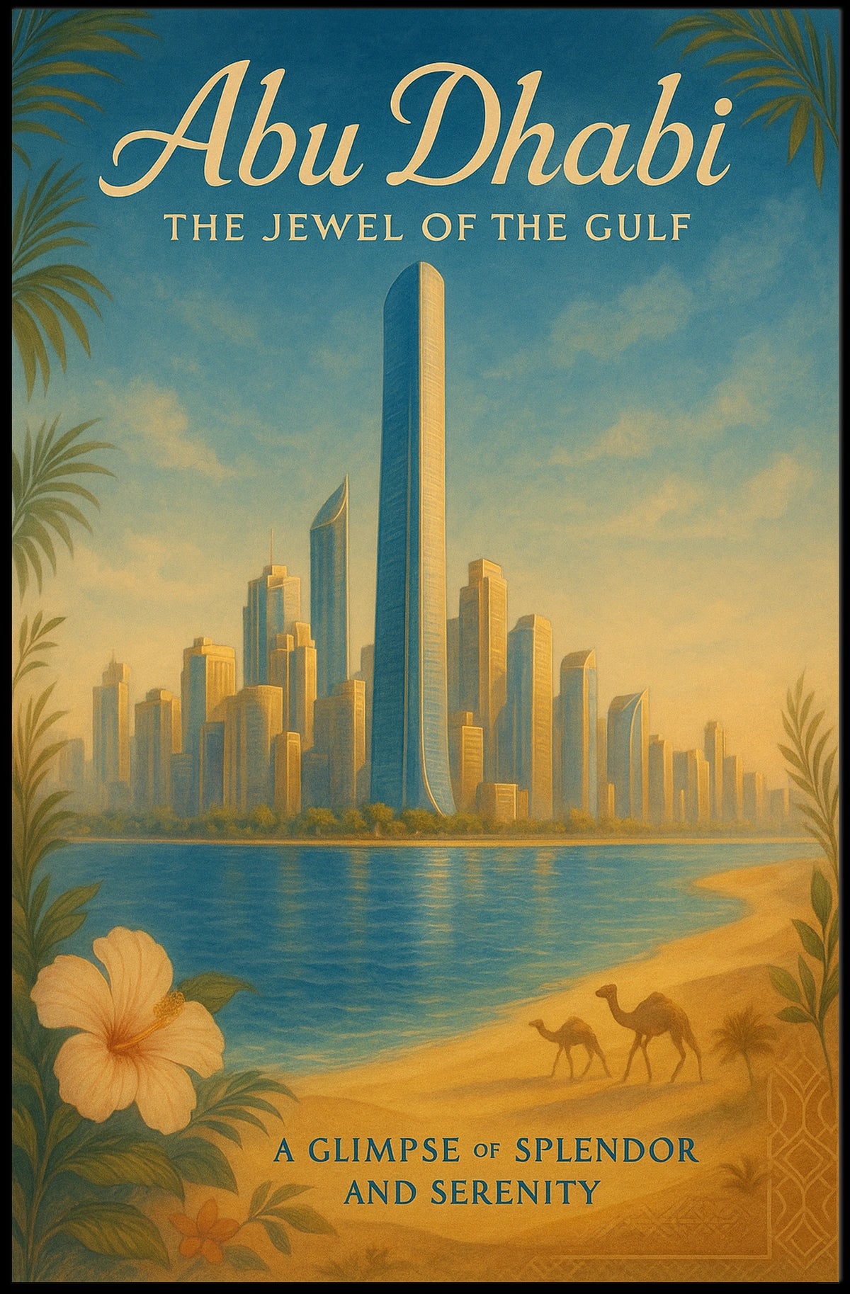 Abu Dhabi Cityscape with Camels Travel Poster