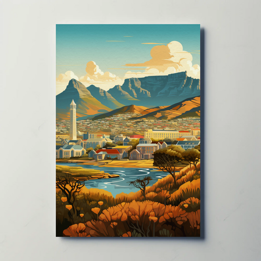 Cape Town Golden Hillside River Valley Mountains Travel Poster