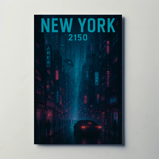 New York Cyberpunk Night Streets 2150 Vintage Travel Poster